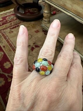Colorful Jadeite Dome Cocktail Ring - Sterling Women Jewelry